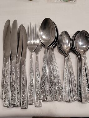 MCM Flatware Spoons Forks Knives Stainless Steel Signed Plume Korea